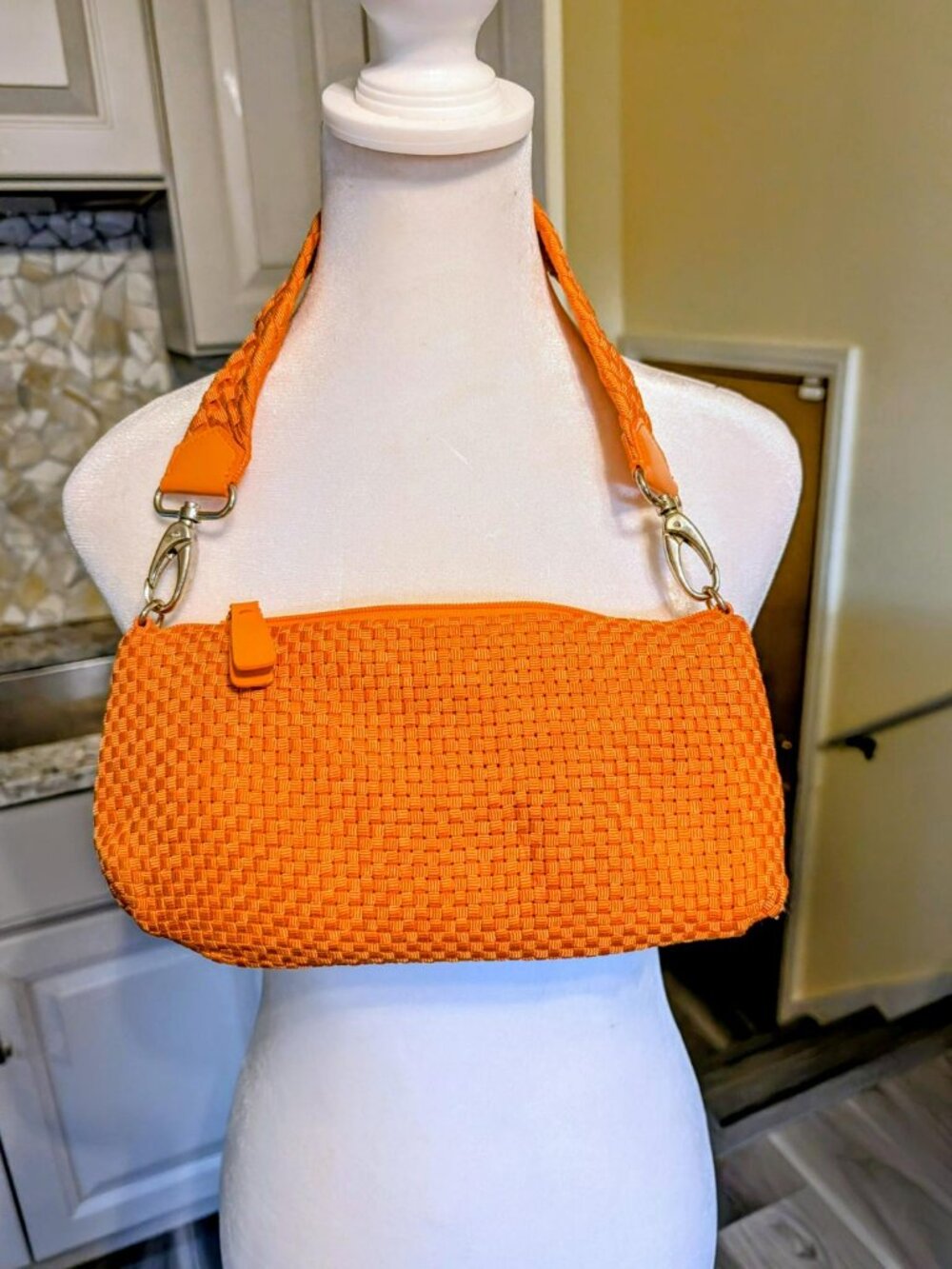 The Sak Orange Woven Bag Strap with Silver Hardware